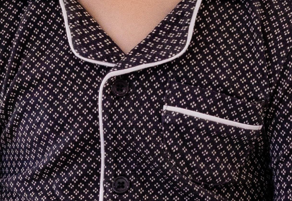 Black Printed Bamboo Footie, Button-Down