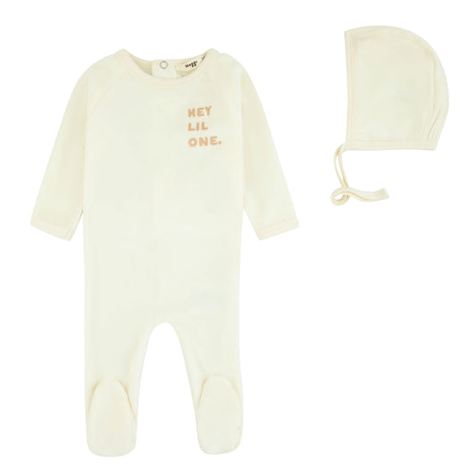 Velour Hey Lil One Footie And Bonnet, Boys
