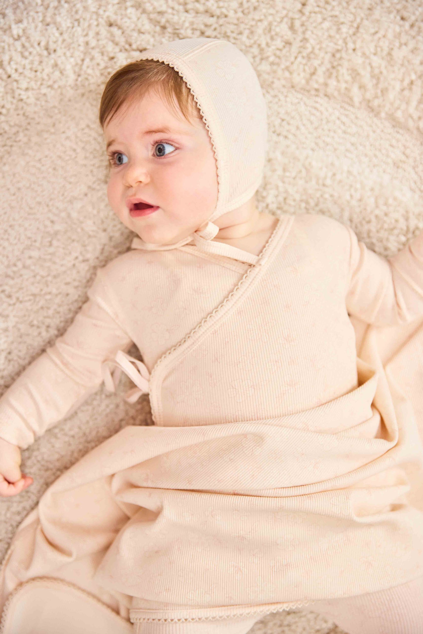 Ribbed Floral Wrap Footie And Bonnet