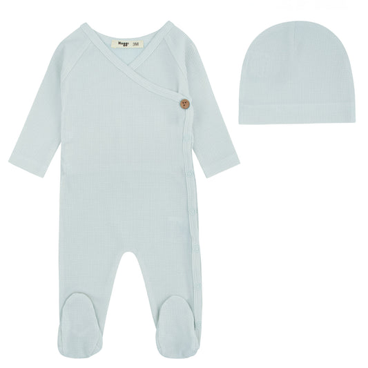 Bamboo Ribbed Striped Wrap Footie And Beanie, Blue