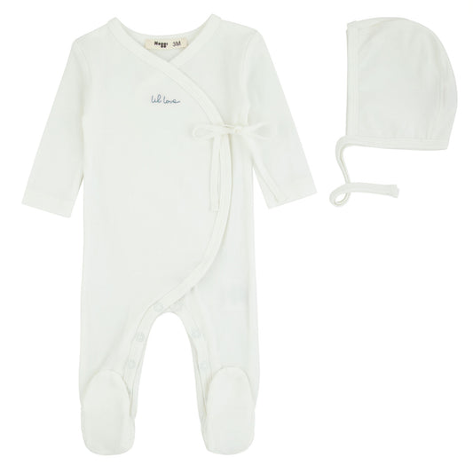 Lil Love Embroidered Wrap Footie and Bonnet, Blue Embroidery
