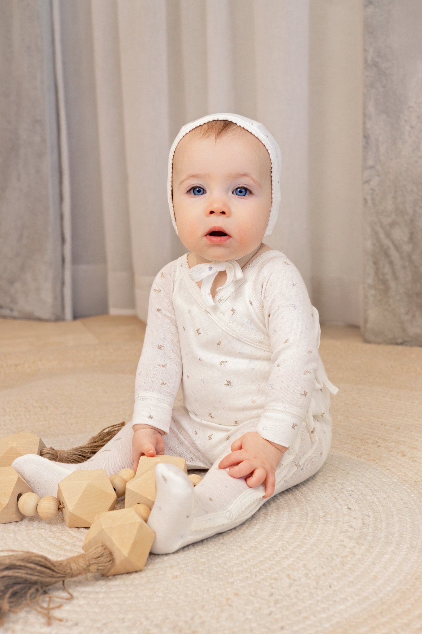 Pointelle Printed Wrap Footie And Bonnet, Boys