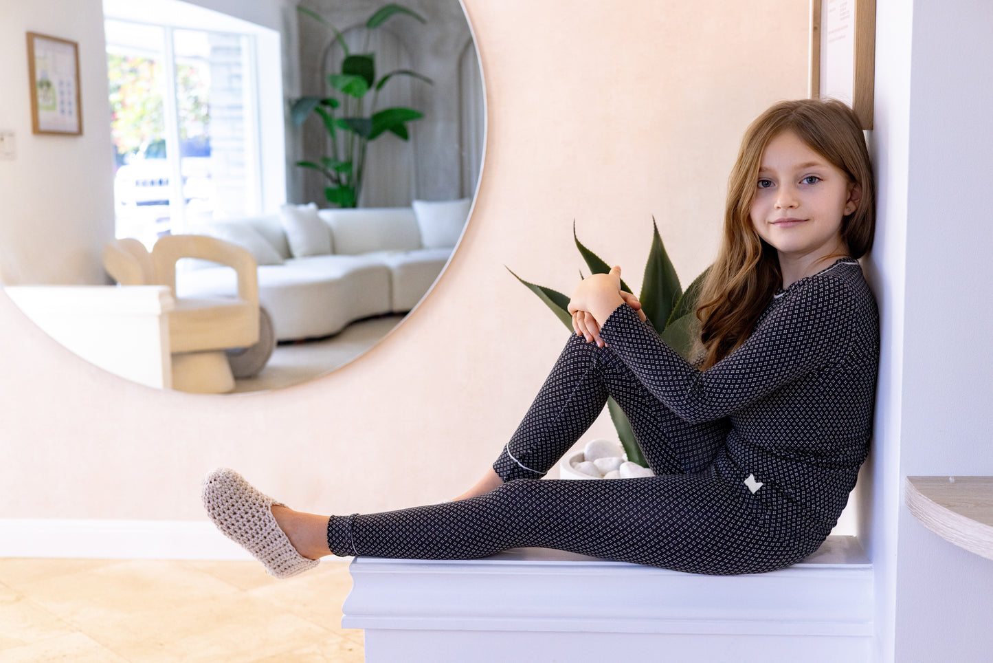 Black Printed Bamboo Loungewear Set, Crewneck