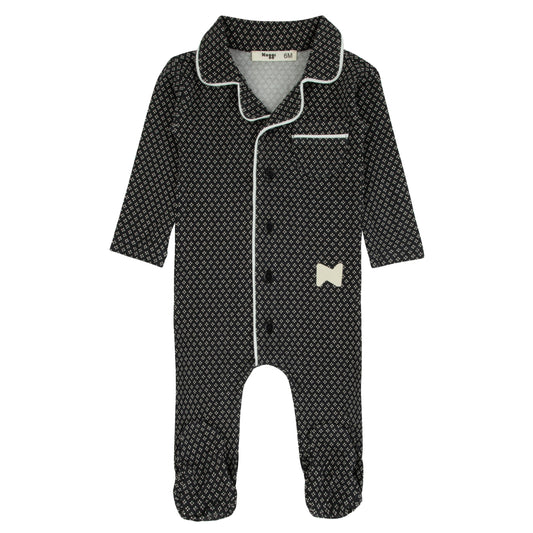 Black Printed Bamboo Footie, Button-Down