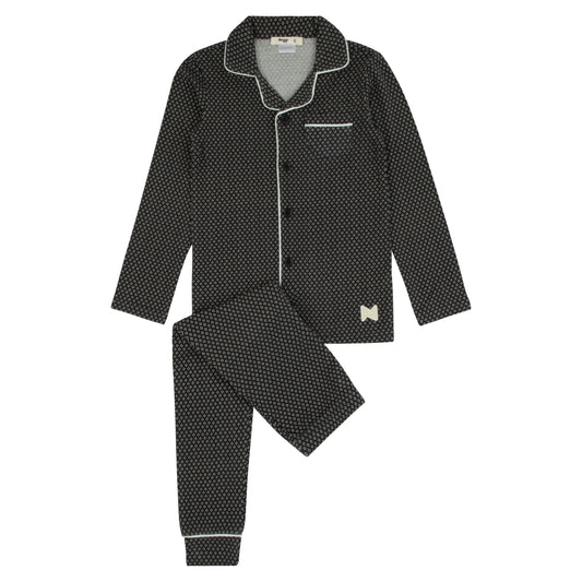 Black Printed Bamboo Loungewear Set, Button-Down