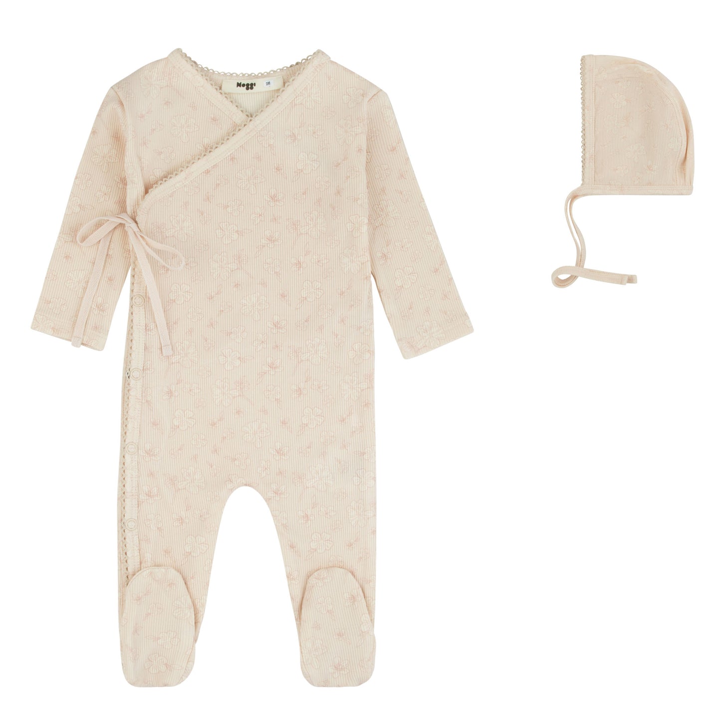 Ribbed Floral Wrap Footie And Bonnet